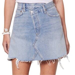 AGOLDE Criss Cross Button Fly Distresses Denim Jean Skirt